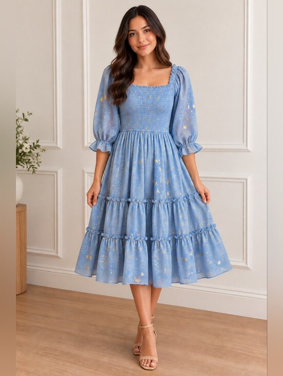 Ivy City Co Dresses & Skirts - NWT Ivy City Co Starry Nights Dress Baby Blue Gold Stars XS